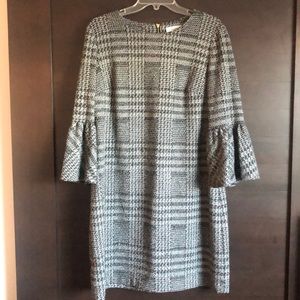 Calvin Klein plaid dress w/bell sleeves & gold zip